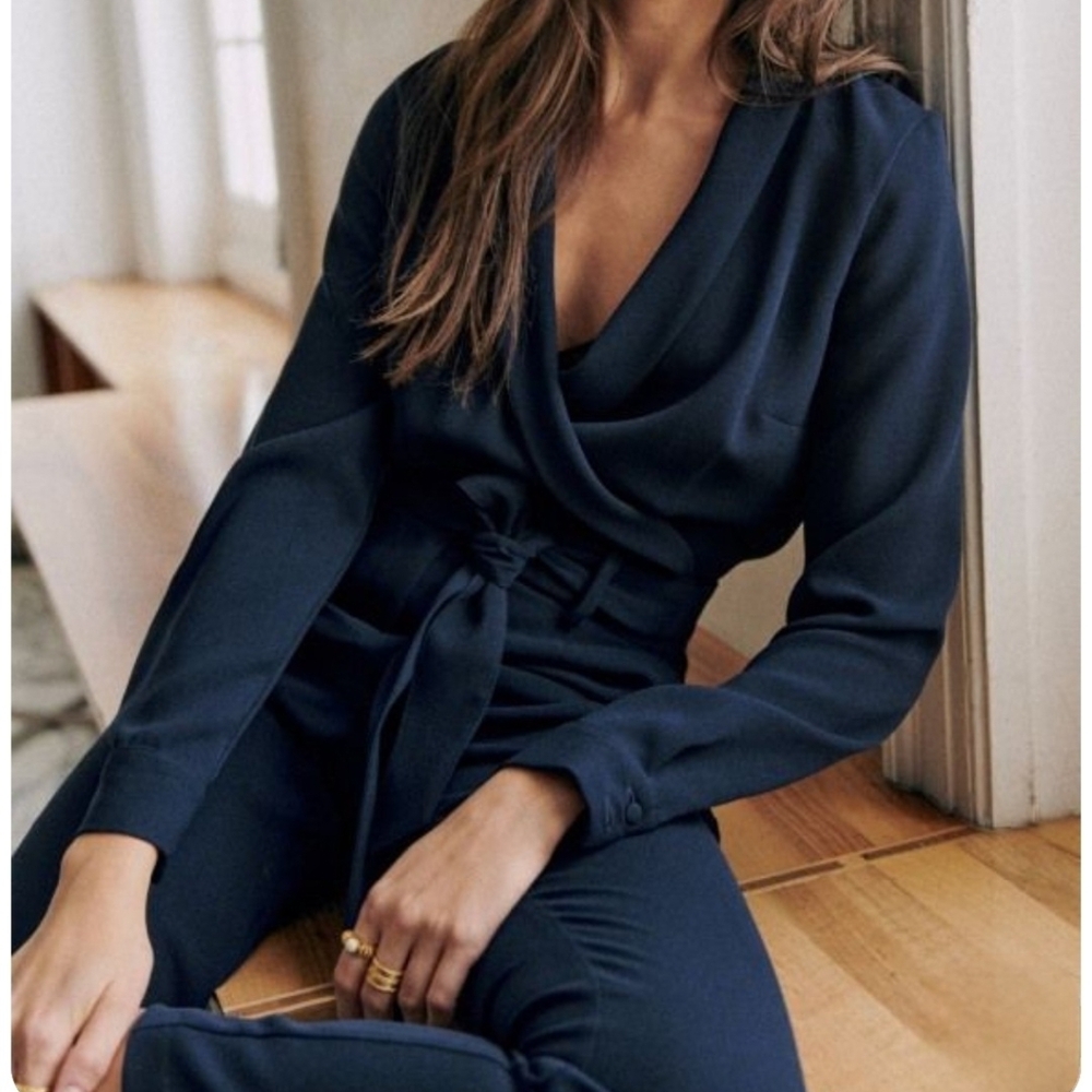 NWT Sezane Heaven Marine Jumpsuit Wrap Front Belted US 10 UK 14 Lightweight - Picture 2 of 14